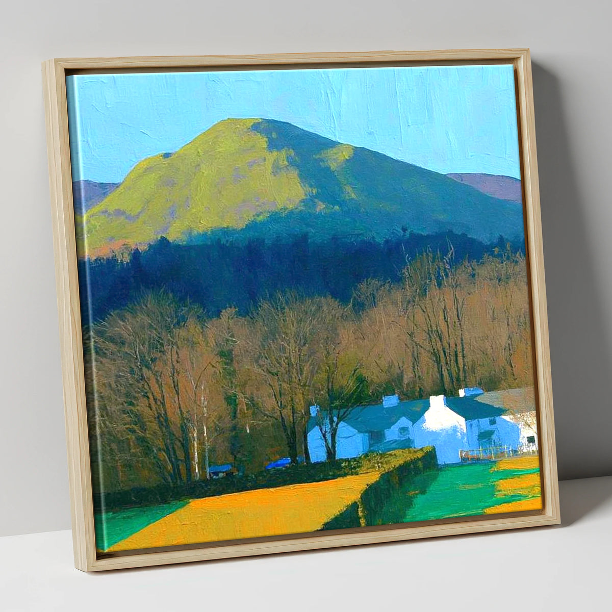 Luminous Latrigg Above White Buildings lake district fell canvas wall art in natural frame