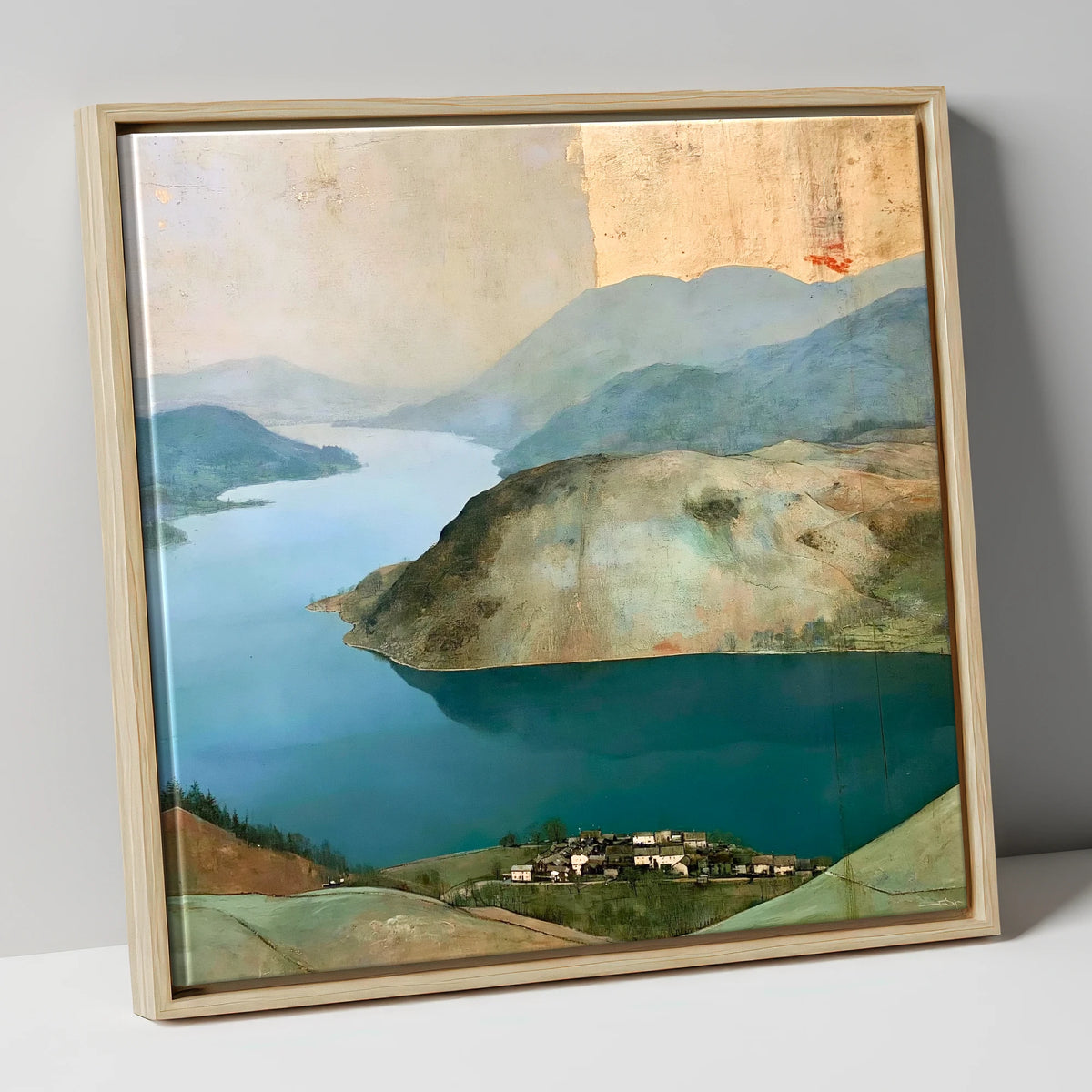 Glenridding Under A Golden Sky lake district village canvas wall art in natural frame