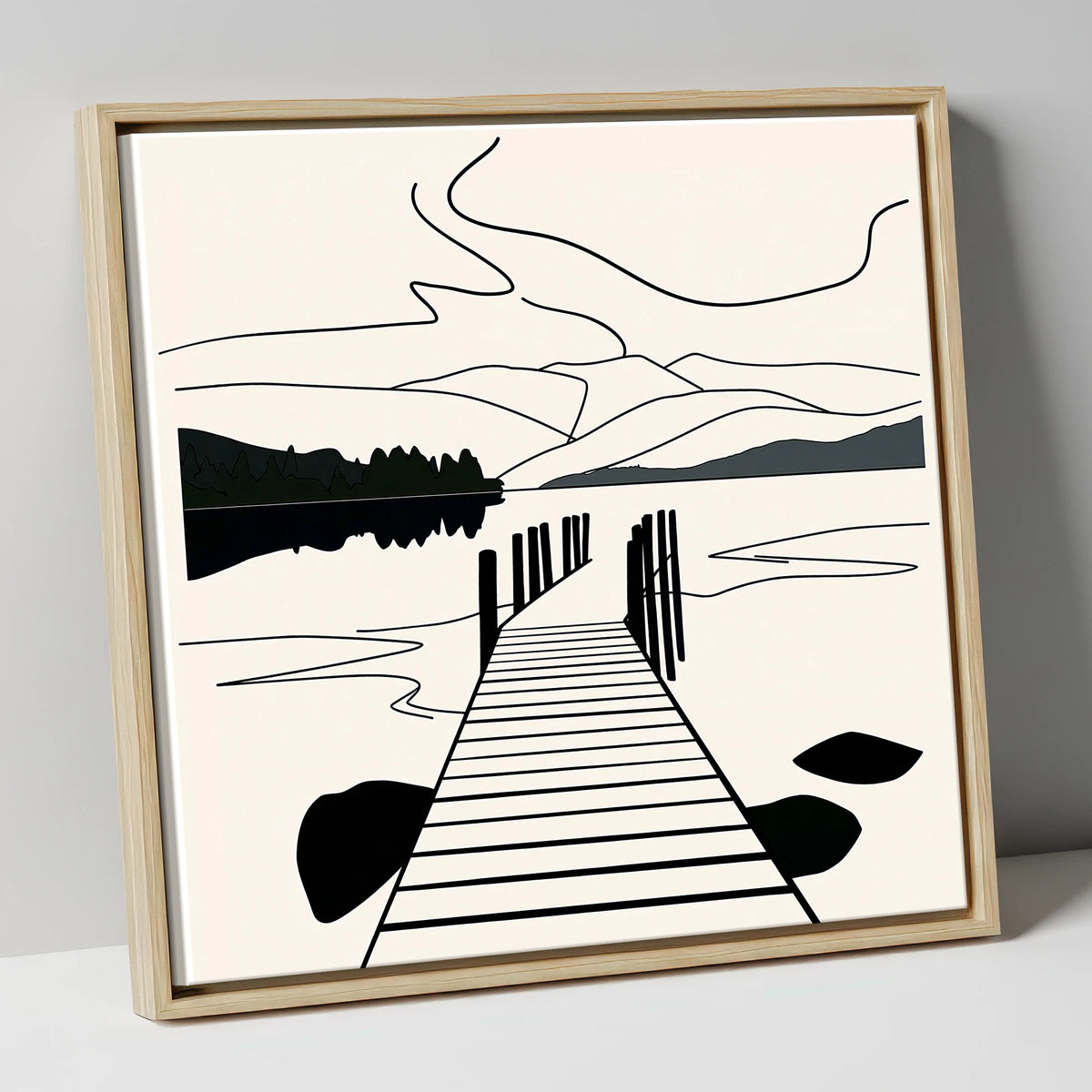 Minimalist Waterhead Jetty Ambleside lake district village canvas wall art in natural frame