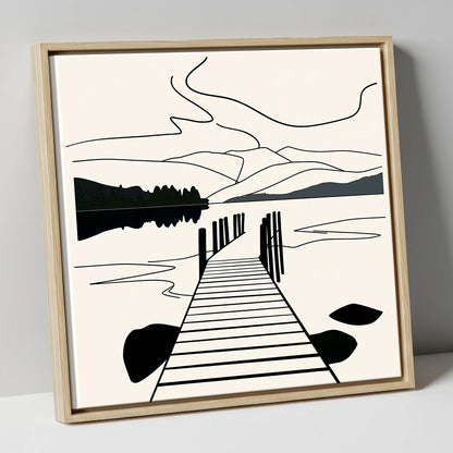 Minimalist Waterhead Jetty Ambleside lake district village canvas wall art in natural frame