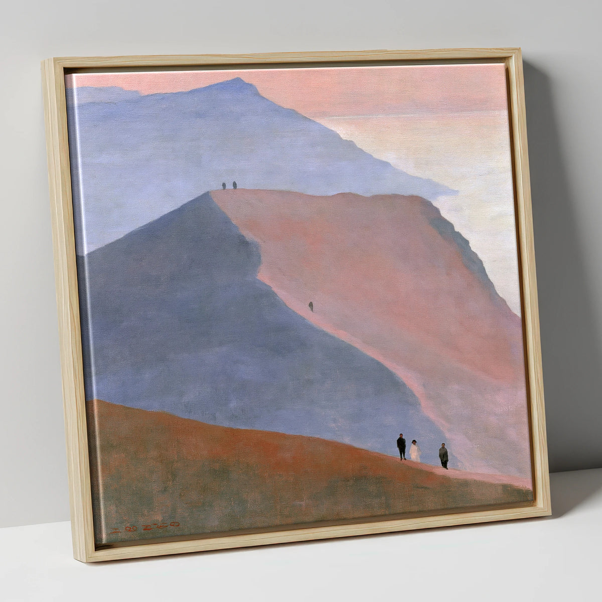 Walkers on a Dusk Ridge lake district walking canvas wall art in natural frame