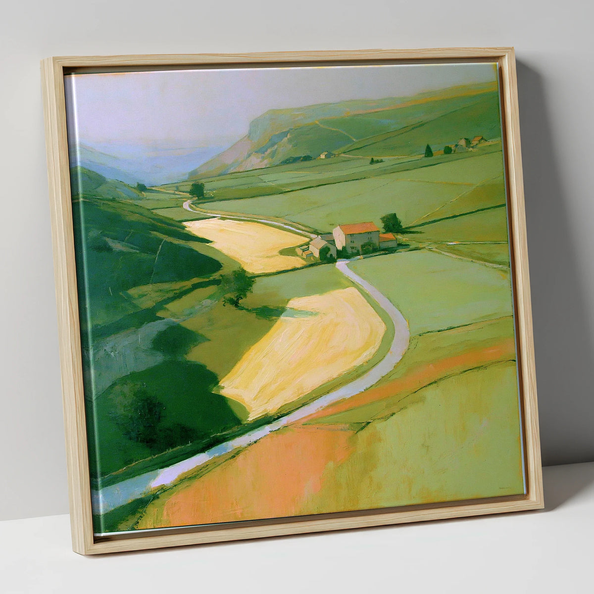Valley Farm in Golden Light lake district valley canvas wall art in natural frame