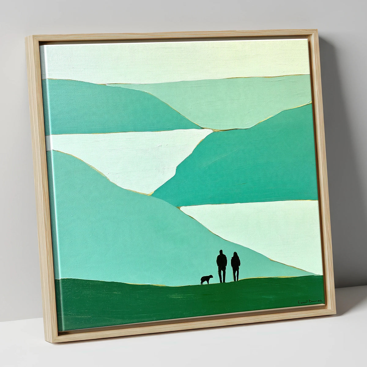 Glenridding Walkers in Teal Fells gifts for dog walkers canvas wall art in natural frame
