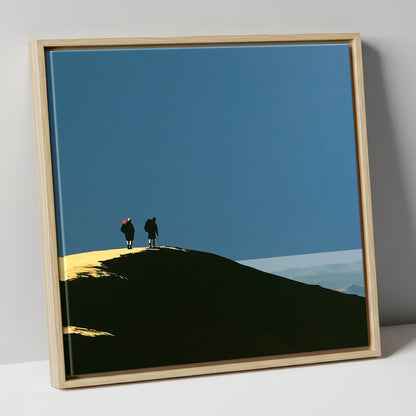 Silhouetted Hikers on a Fell Top lake district fell canvas wall art in natural frame