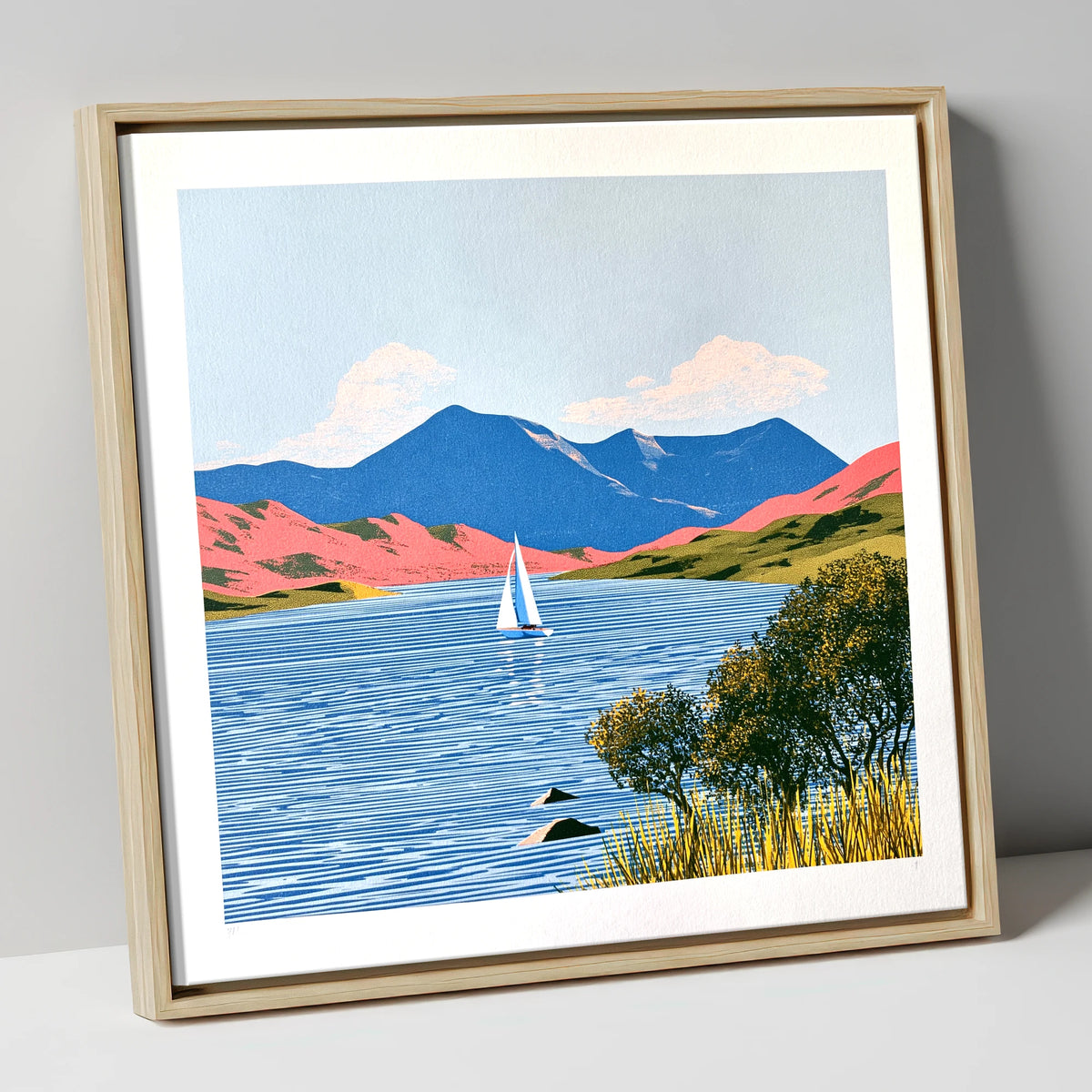 Vibrant Fells Over Coniston Water lake district lake canvas wall art in natural frame