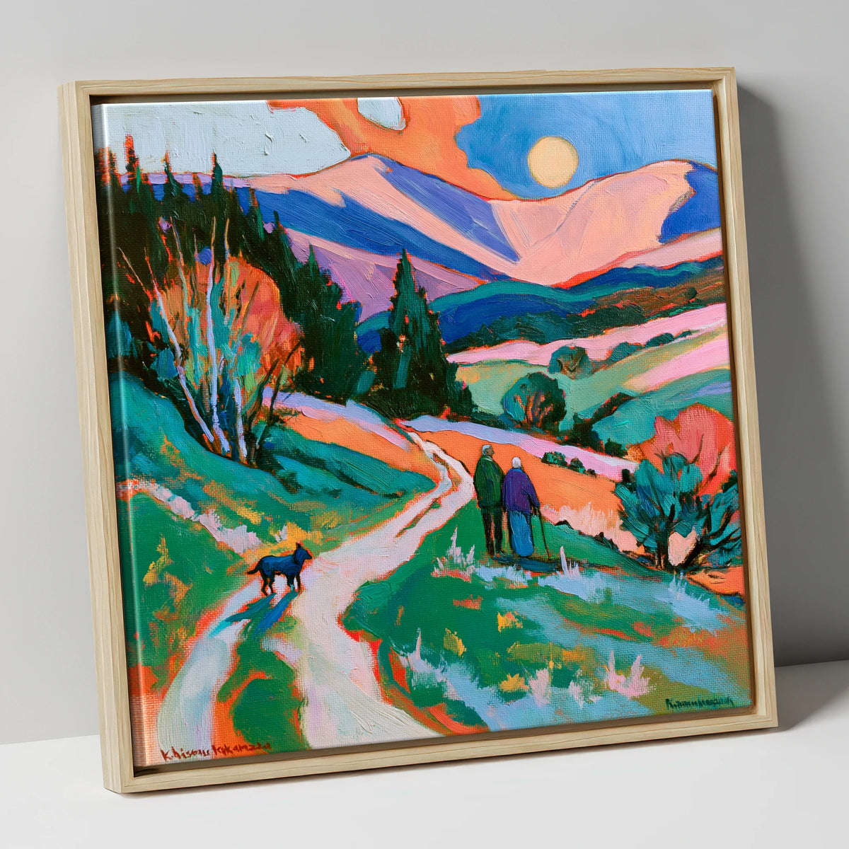 Colourful Keswick Dog Walk gifts for dog walkers canvas wall art in natural frame