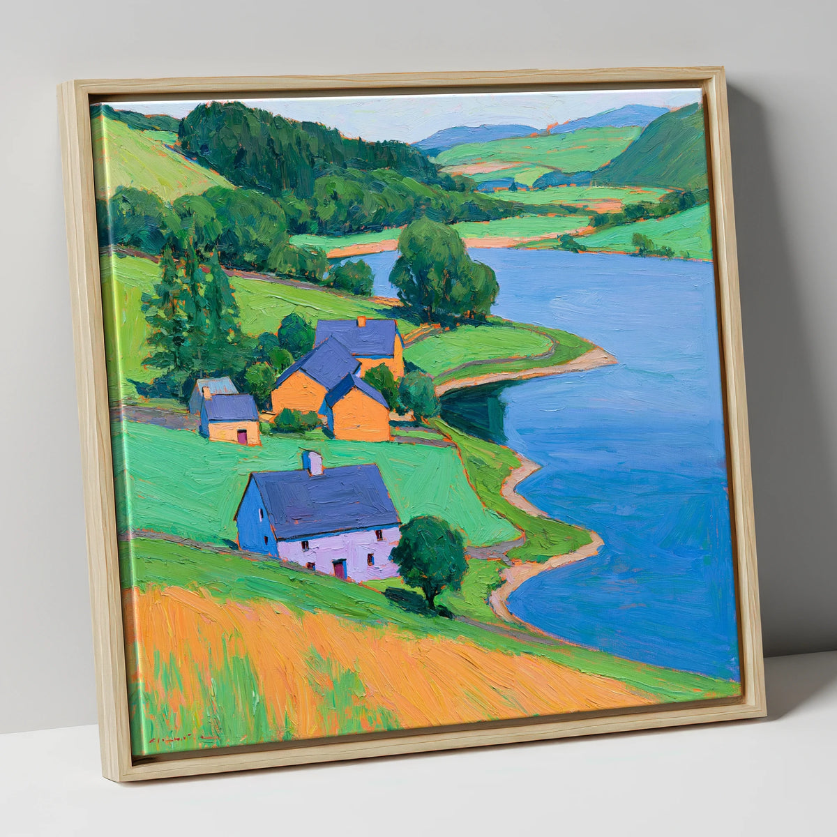Vivid Lakeside Village and Fells lake district village canvas wall art in natural frame