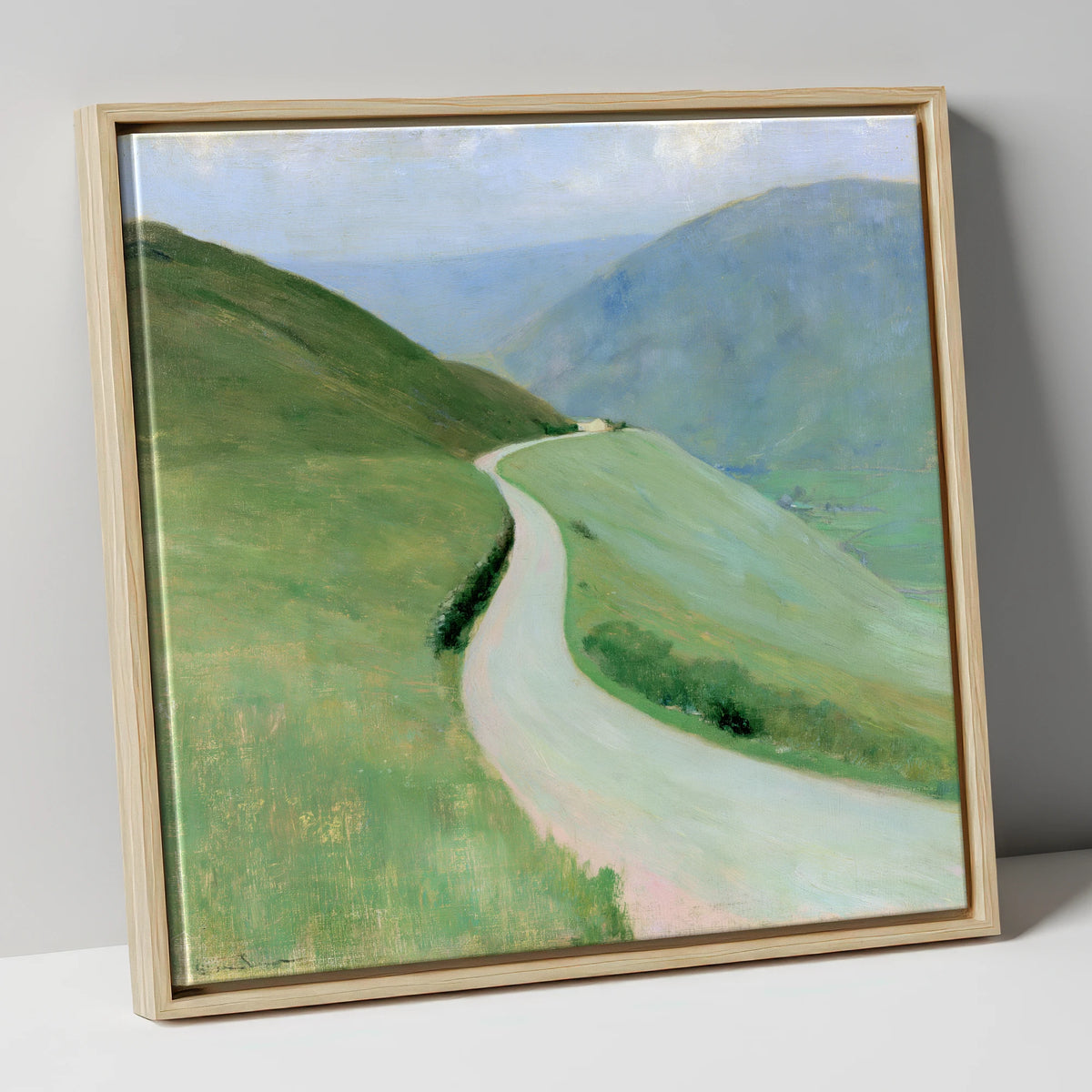Winding Pass in Soft Greens lake district valley canvas wall art in natural frame