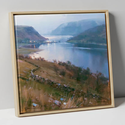 Pooley Bridge Twilight Over Ullswater lake district village canvas wall art in natural frame
