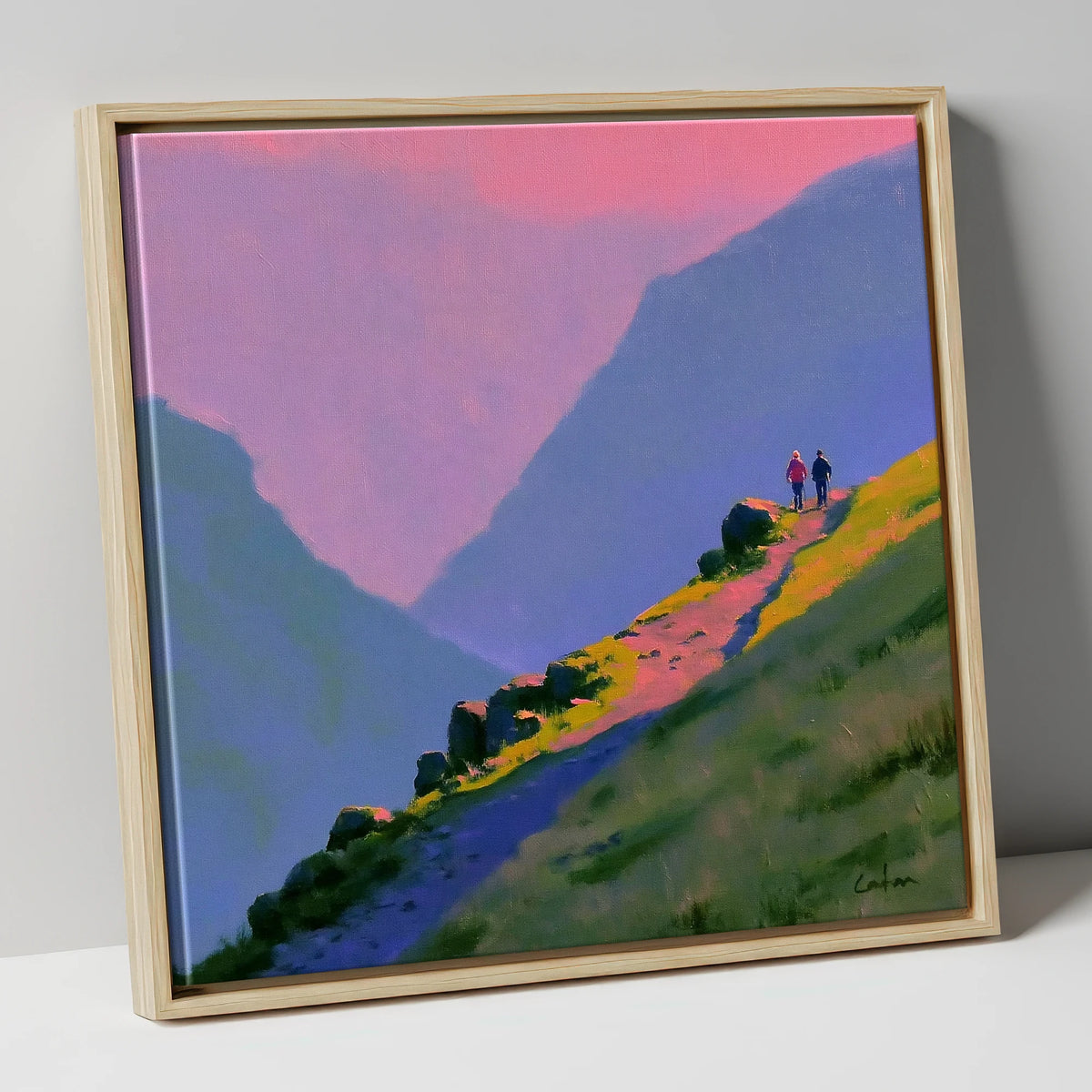 Walkers on a Vivid Mountain Path lake district walking canvas wall art in natural frame