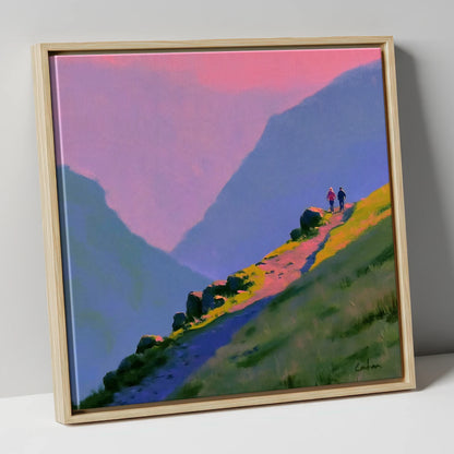 Walkers on a Vivid Mountain Path lake district walking canvas wall art in natural frame