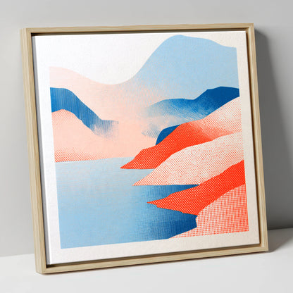 Graphic Buttermere in Coral and Blue lake district lake canvas wall art in natural frame