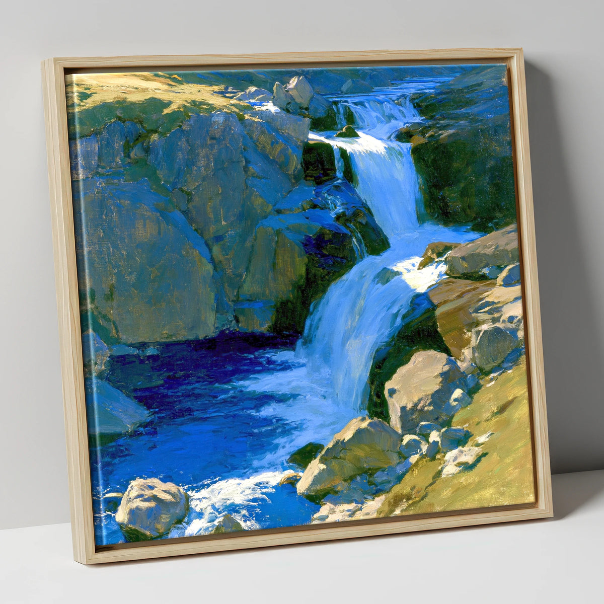 Cascading Waterfall over Sunlit Rocks lake district waterfall canvas wall art in natural frame