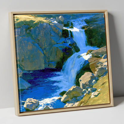 Cascading Waterfall over Sunlit Rocks lake district waterfall canvas wall art in natural frame