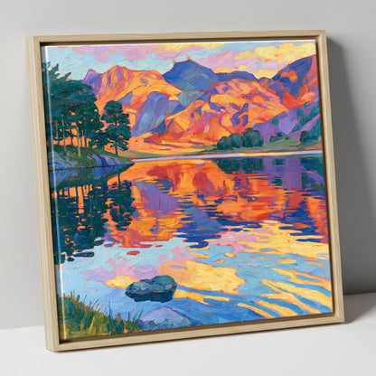 Vibrant Sunset Glow over Mountain Fells lake district lake canvas wall art in natural frame