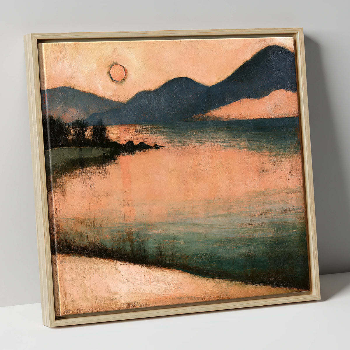 Terracotta Sunset Over Lakeland Water lake district lake canvas wall art in natural frame