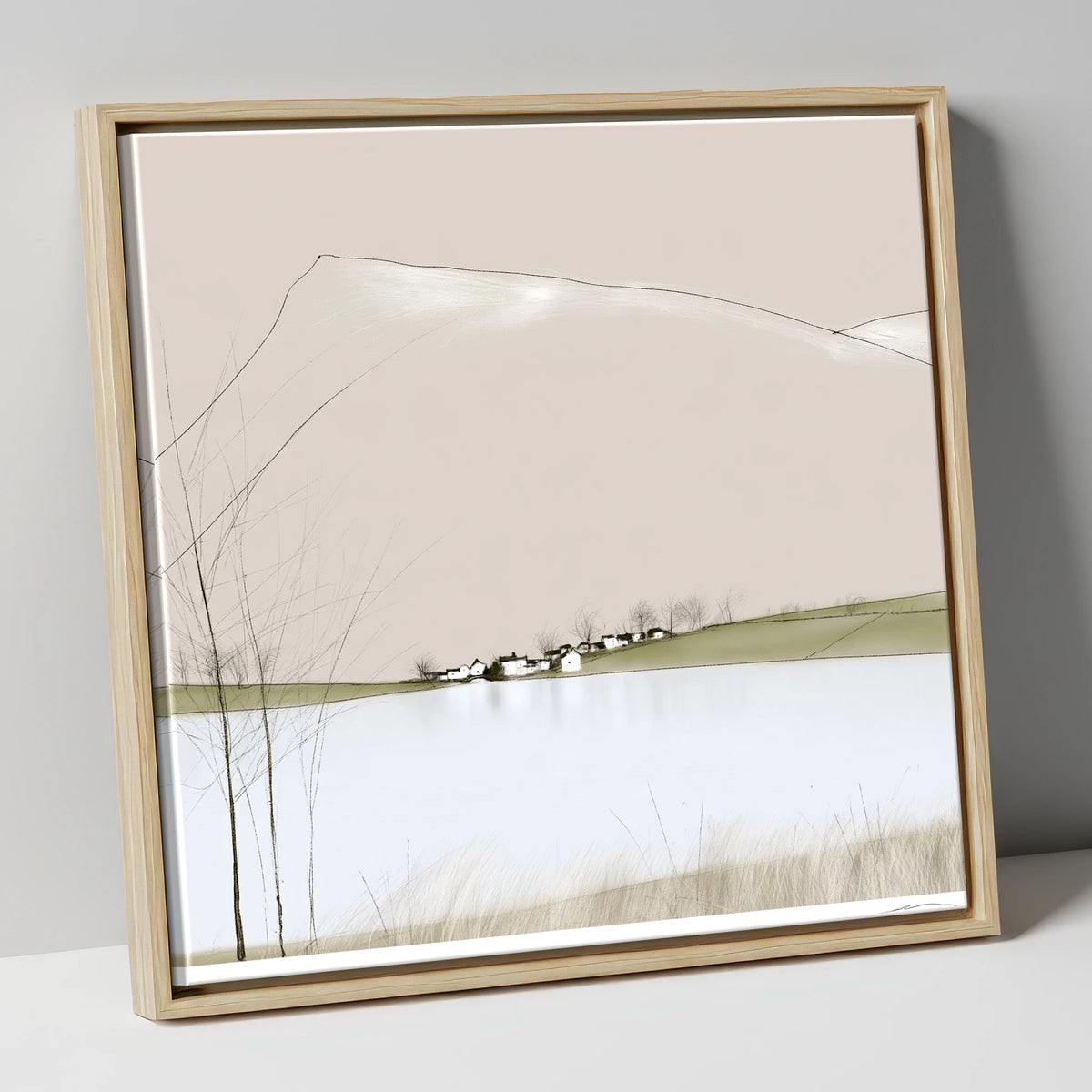 Minimalist Pooley Bridge and Lake lake district village canvas wall art in natural frame