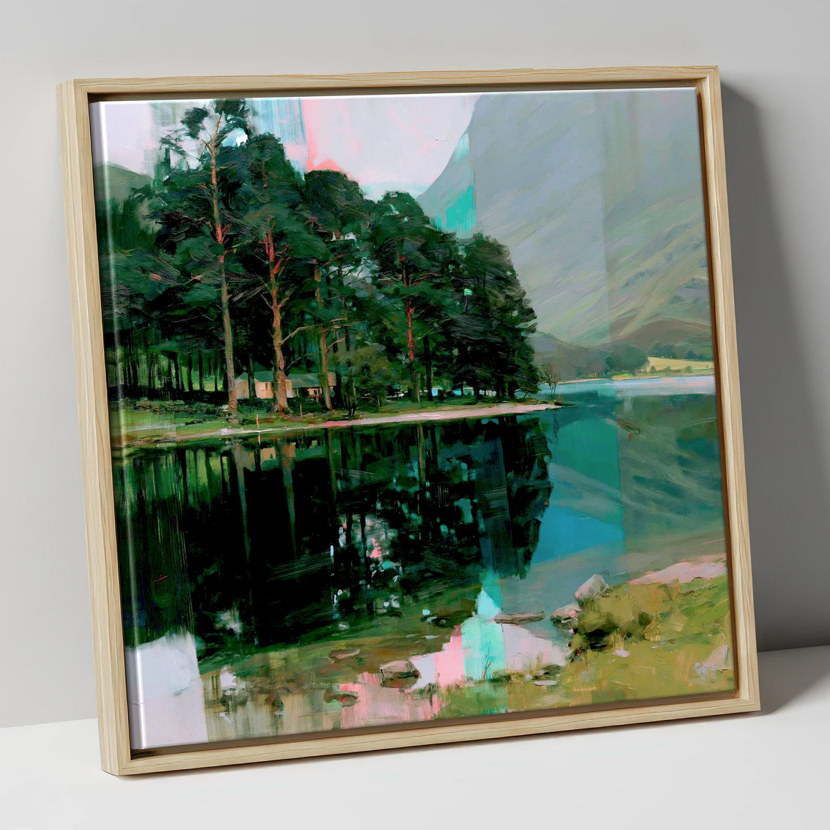 Buttermere Pines in Modern Light lake district lake canvas wall art in natural frame