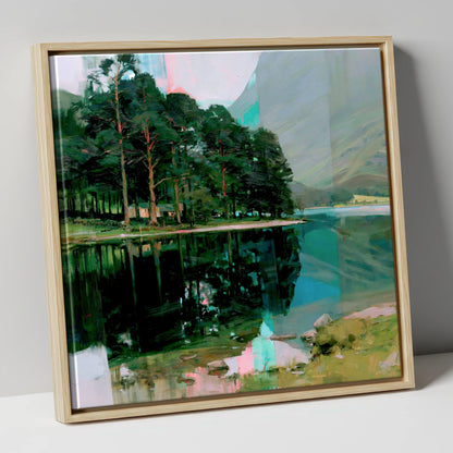 Buttermere Pines in Modern Light lake district lake canvas wall art in natural frame