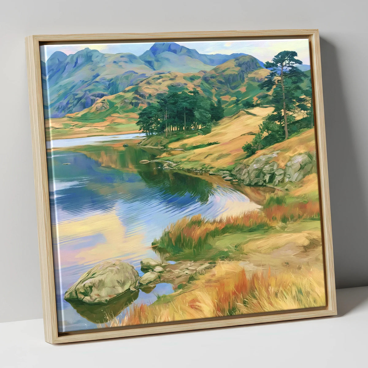 Pine Copse by the Fellside Lake lake district lake canvas wall art in natural frame