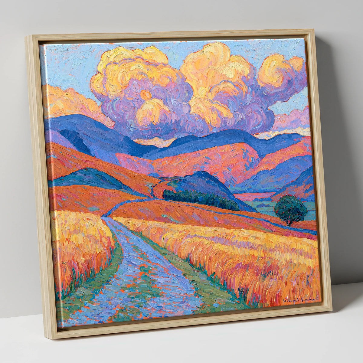 Golden Fells Under Storm Clouds lake district sky canvas wall art in natural frame