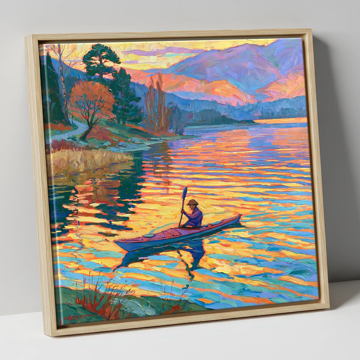 Sunset Kayaker on the Lake lake district walking canvas wall art in natural frame