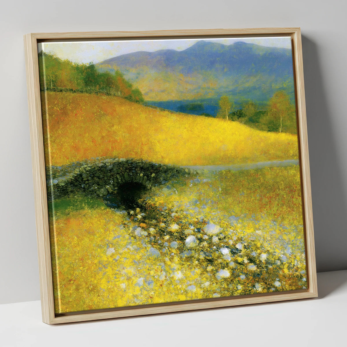 Golden Light Over Ashness Bridge lake district waterfall canvas wall art in natural frame