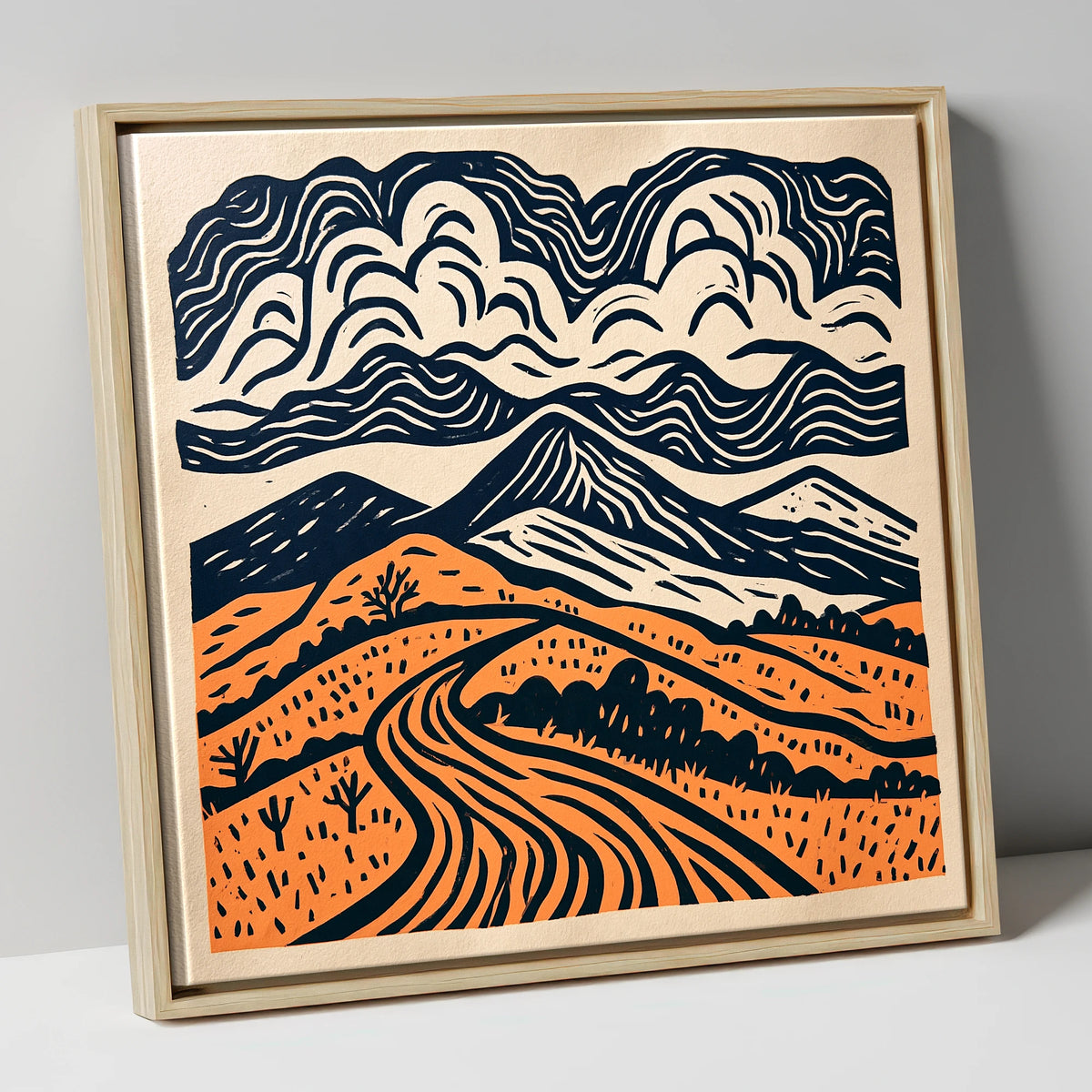 Rhythmic Terracotta Fells Under Cloud lake district fell canvas wall art in natural frame