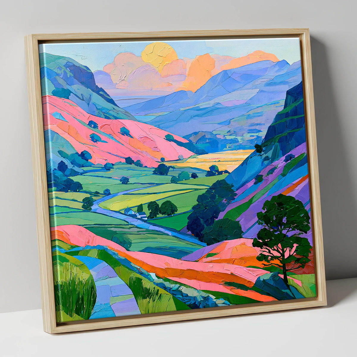 Vibrant Fells and Green Valley lake district valley canvas wall art in natural frame