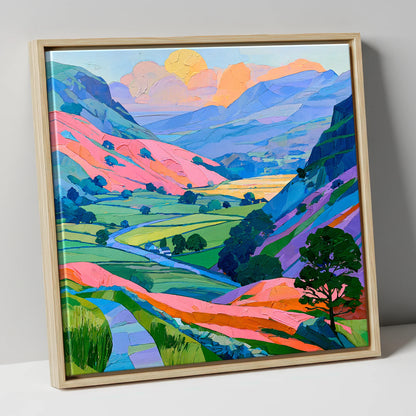 Vibrant Fells and Green Valley lake district valley canvas wall art in natural frame