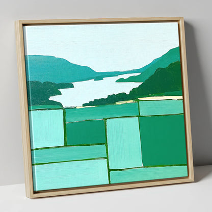 Geometric Greens Above Glenridding lake district village canvas wall art in natural frame