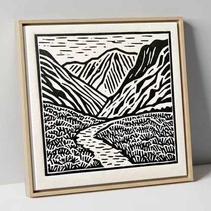 Monochrome Borrowdale Valley Fells lake district valley canvas wall art in natural frame