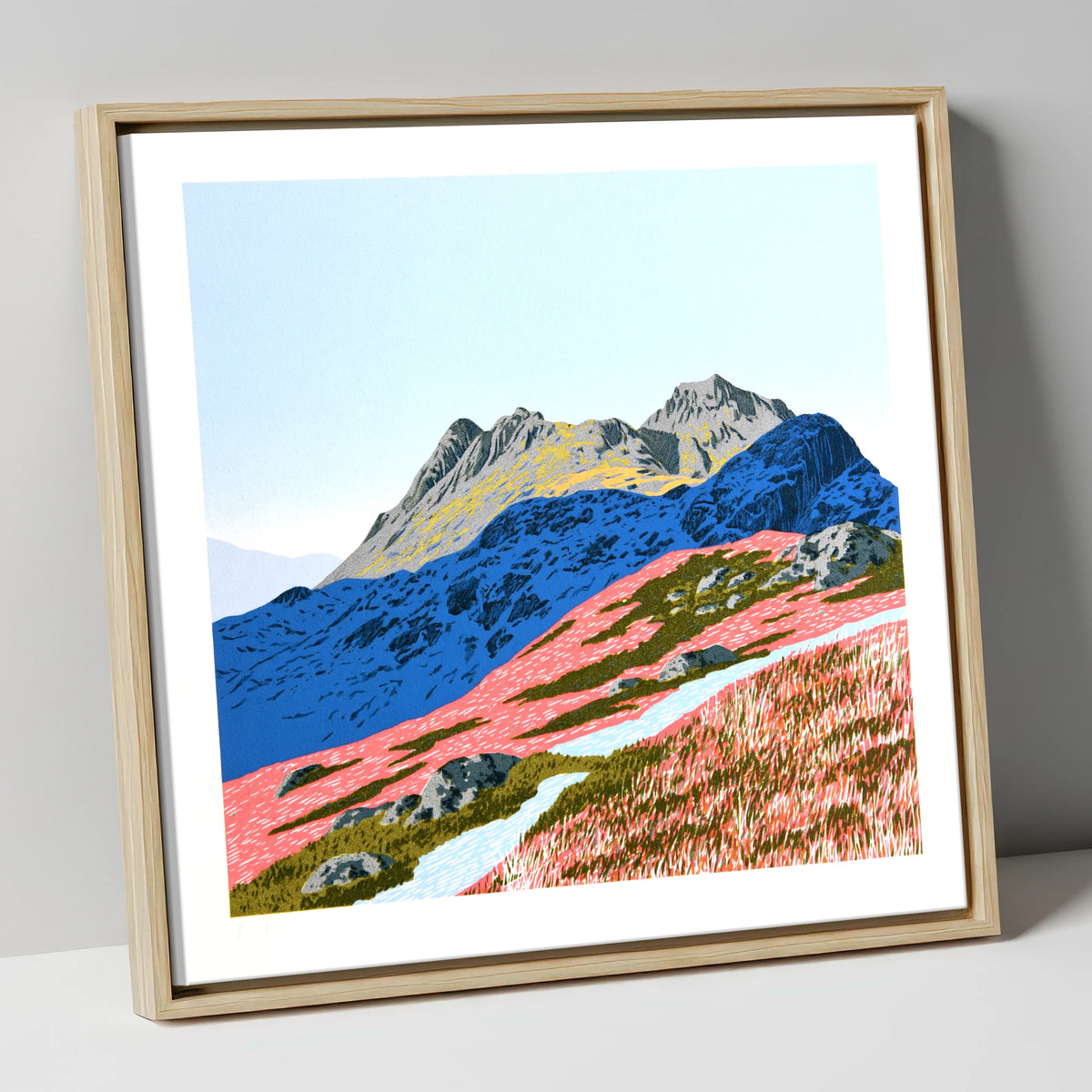 Langdale Pikes in Vivid Coral lake district fell canvas wall art in natural frame
