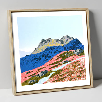 Langdale Pikes in Vivid Coral lake district fell canvas wall art in natural frame