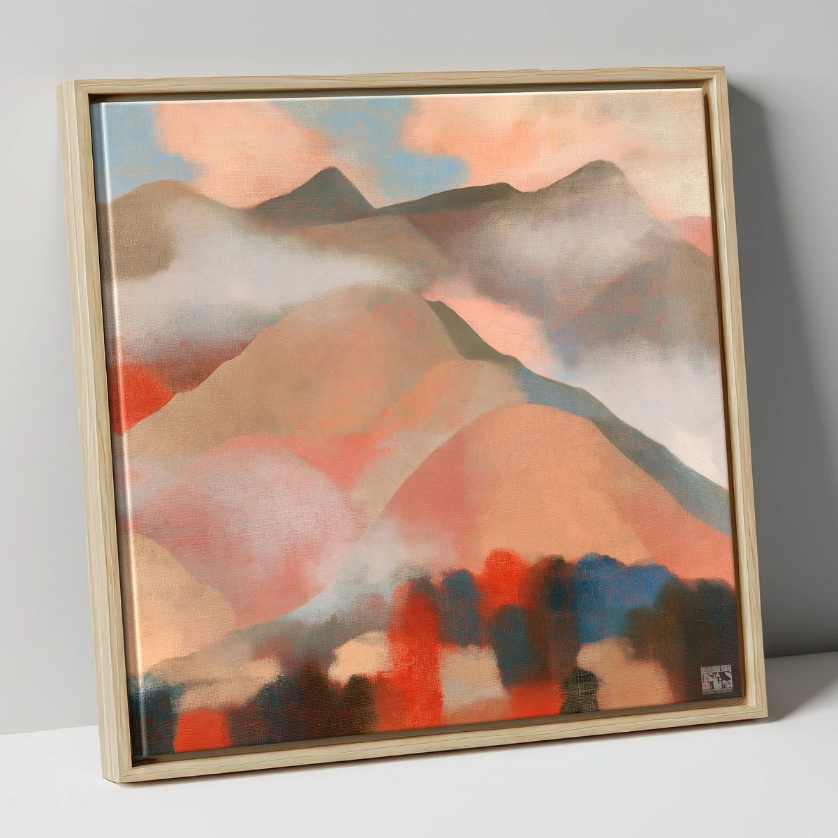 Misty Mountain Ridge In Coral lake district fell canvas wall art in natural frame