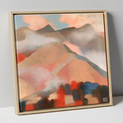 Misty Mountain Ridge In Coral lake district fell canvas wall art in natural frame