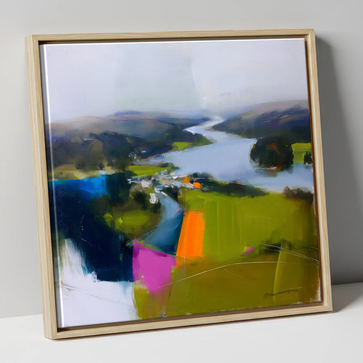 Vibrant Ambleside Lake View lake district village canvas wall art in natural frame
