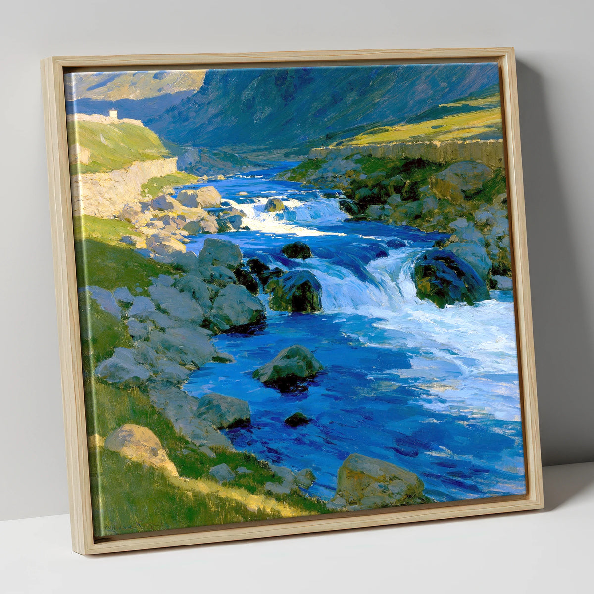 Vibrant Blue Fellside Beck lake district waterfall canvas wall art in natural frame