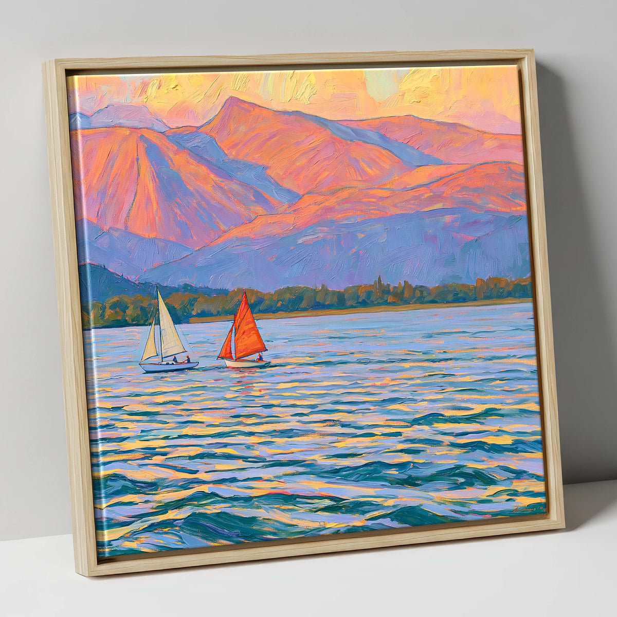 Sailing Windermere Under Purple Fells lake district lake canvas wall art in natural frame
