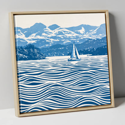 Windermere Sailboat in Cobalt Blue lake district lake canvas wall art in natural frame