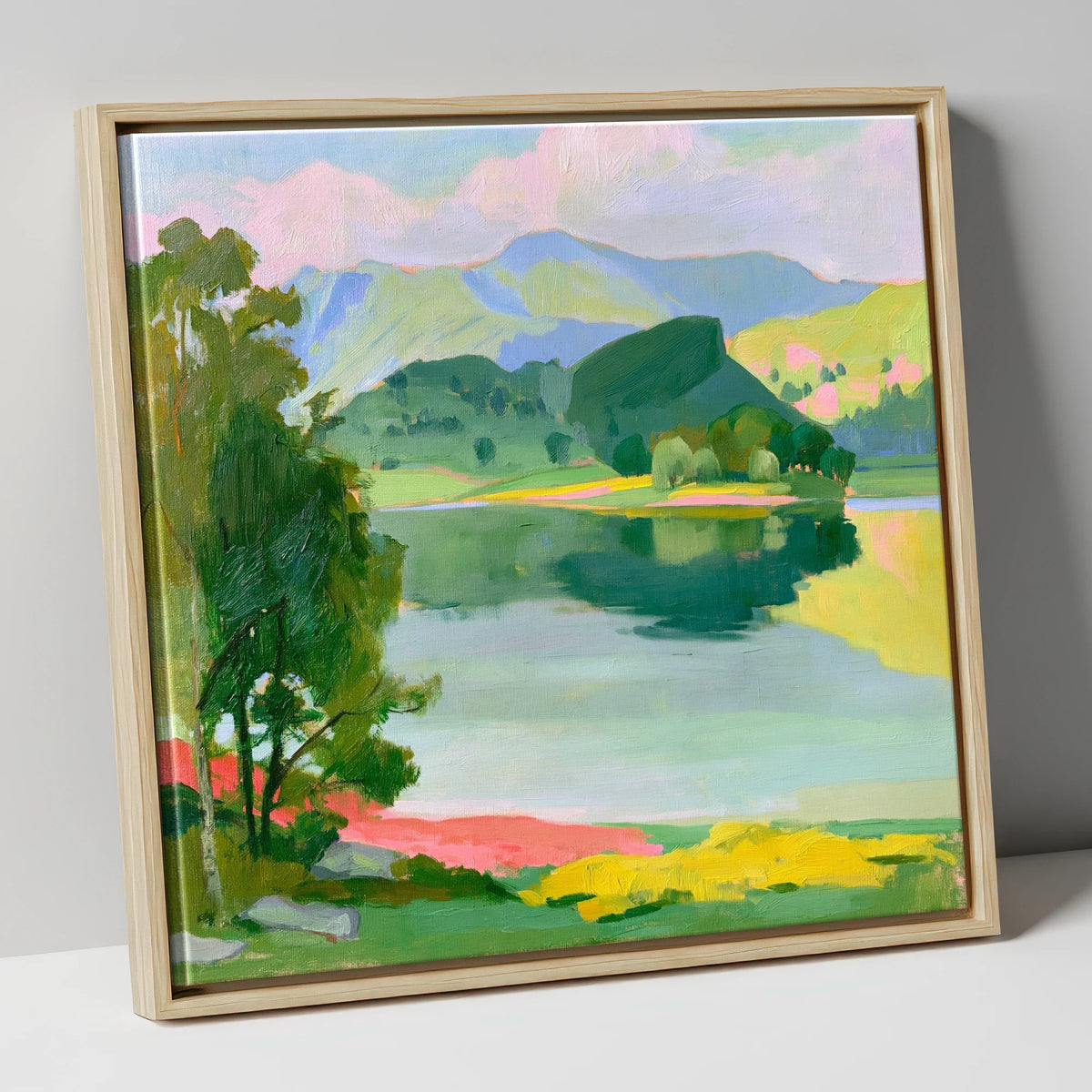Colourful Fells and Teal Lake lake district lake canvas wall art in natural frame
