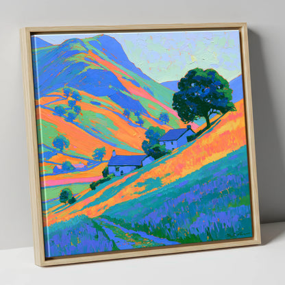Fellside Cottages in Golden Evening Light lake district sky canvas wall art in natural frame