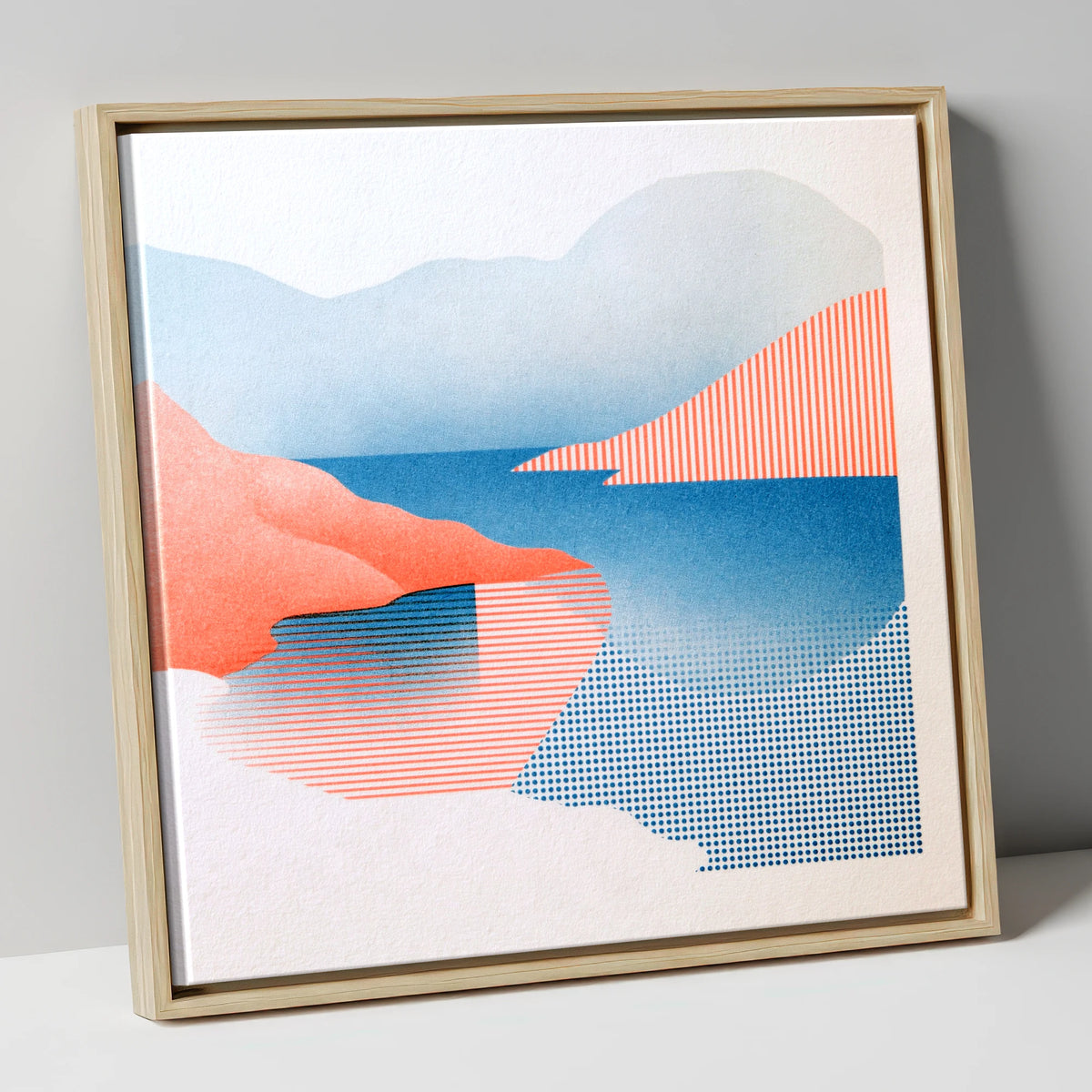 Buttermere Fells in Coral and Blue lake district lake canvas wall art in natural frame