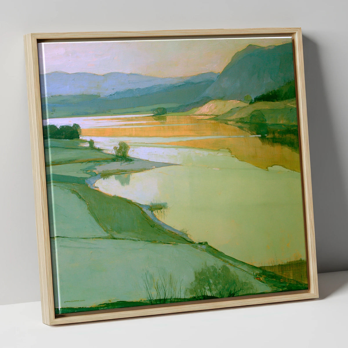 Sage Pastures by the Lake lake district lake canvas wall art in natural frame