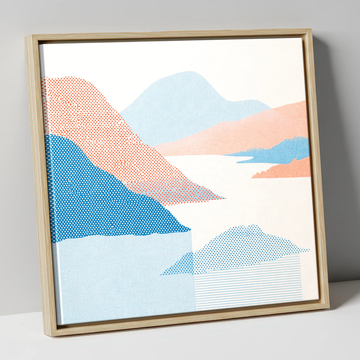 Ullswater Fells in Coral and Blue lake district lake canvas wall art in natural frame