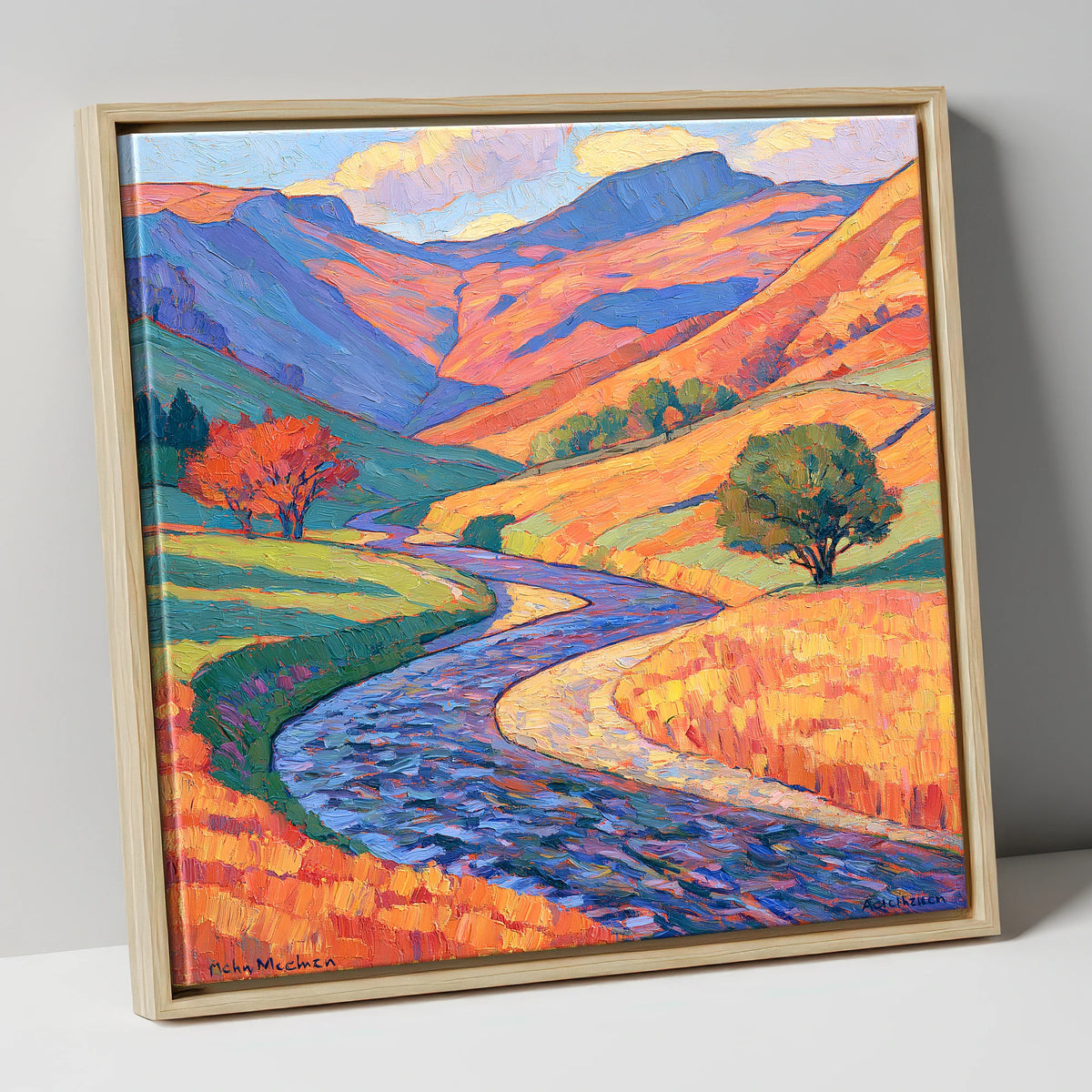 Winding River in Vibrant Valley lake district waterfall canvas wall art in natural frame