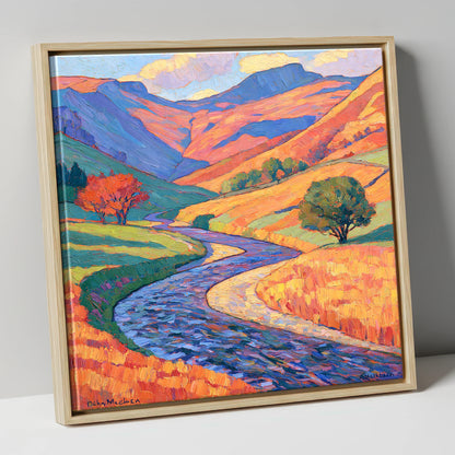 Winding River in Vibrant Valley lake district waterfall canvas wall art in natural frame
