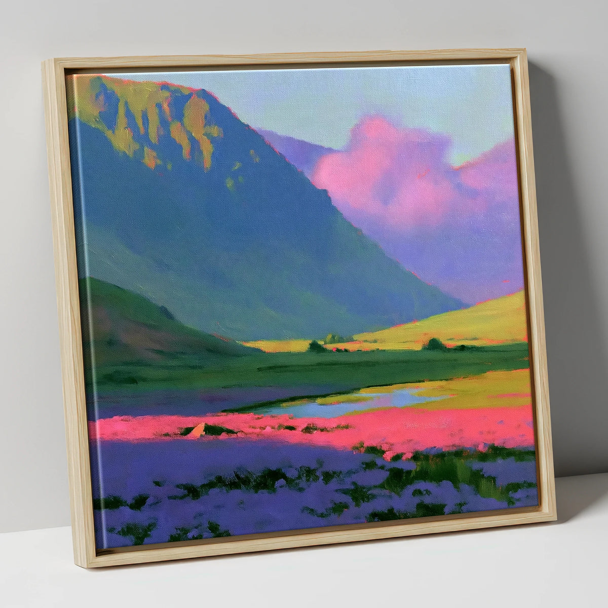 Dramatic Magenta Heather Fellside flowers & fellsides canvas wall art in natural frame