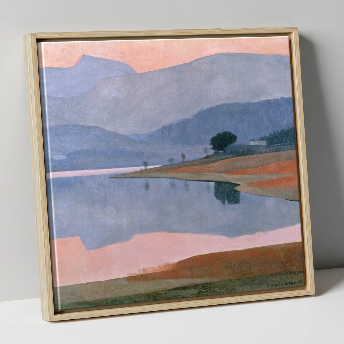 Lavender Fells and Still Lake lake district lake canvas wall art in natural frame
