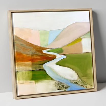 Winding River Through Pastel Fells lake district waterfall canvas wall art in natural frame